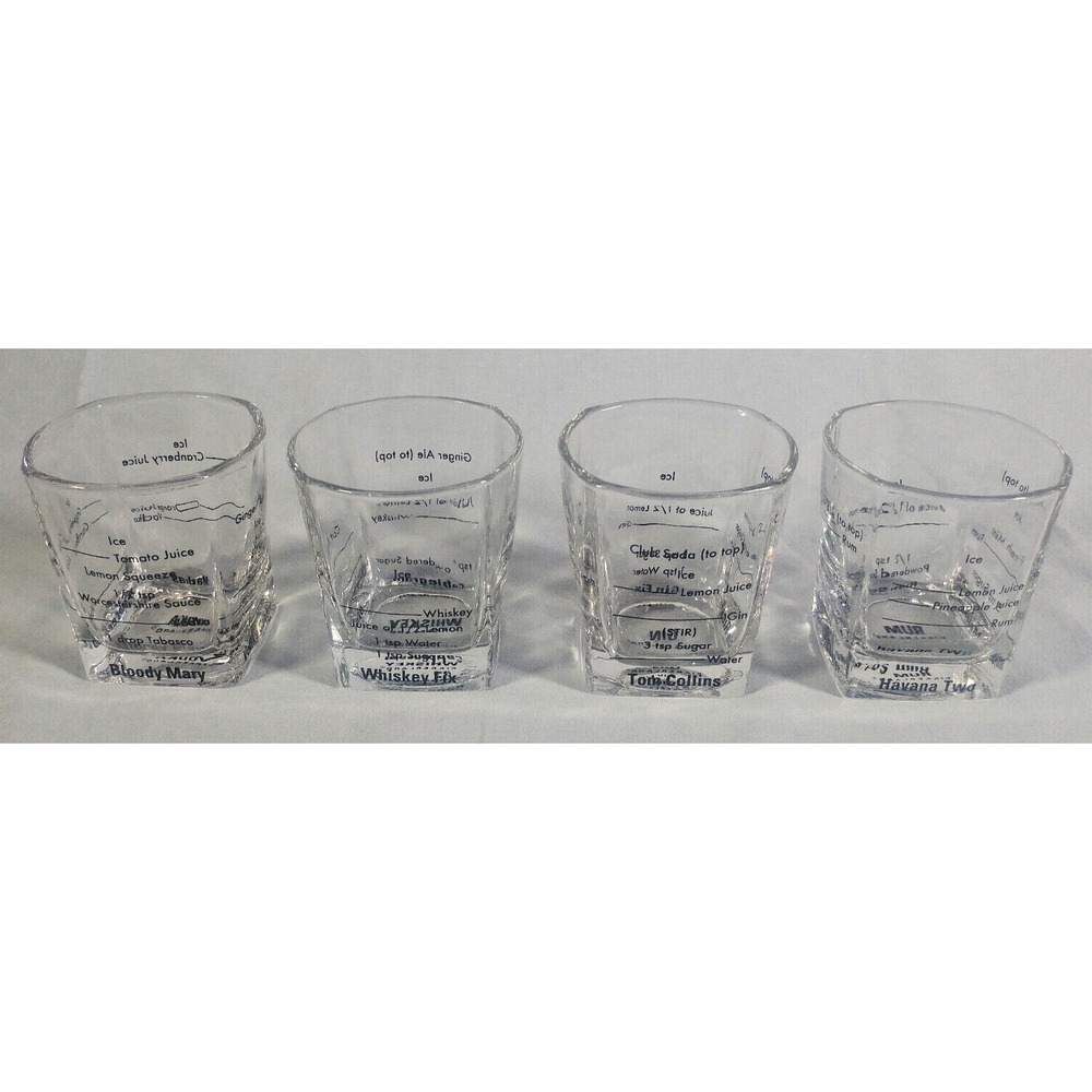 Set of 4 Kikkerland Rocks Glasses Cocktail Recipes Rum Whiskey Gin Vodka